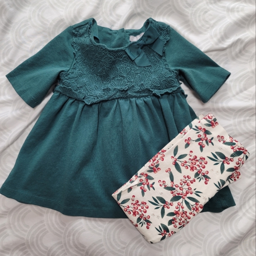 3T Tahari Matching Toddler Holiday Green Dress with Leggings